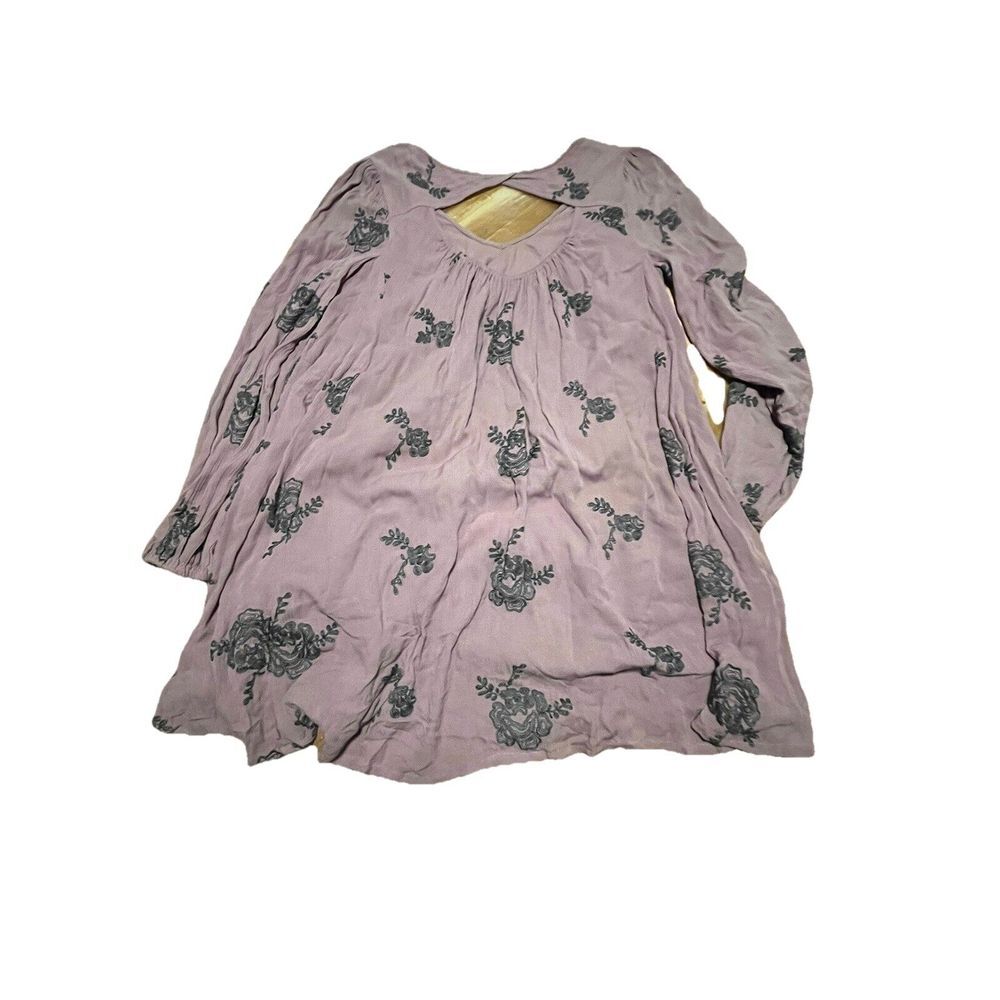 Free People Embroidered Austin Mini Dress long sleeve floral boho lavender Med - Picture 6 of 8